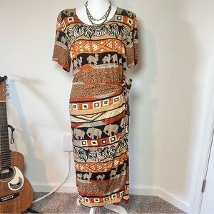 Vintage WNY African Camel & Elephant Boho Short Sleeve Maxi Wrap Zip Dress 🐪🐘